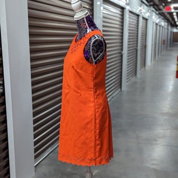 J. Crew Size 6 Neon Orange Knee-Length Sheath Dress with Floral Cut Outs on Hems - Picture 3 of 12